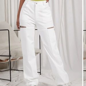 White buttoned strap cutout pants